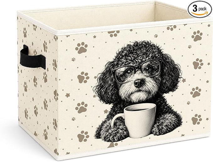Poodle Coffee Storage Bin, Foldable Fabric Organizer Basket | Cute poodle coffee storage bin with glasses dog artwork, paw print pattern, foldable design and side handles.