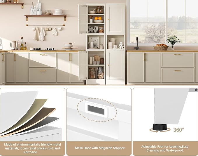 67" H Tall Bathroom Cabinet,Narrow Pantry Cabinet,Tall Narrow Bathroom Storage Cabinet, Metal Cabinet, White Floor Cabinet,Skinny Storage Cabinets with 4 Adjustable Shelves