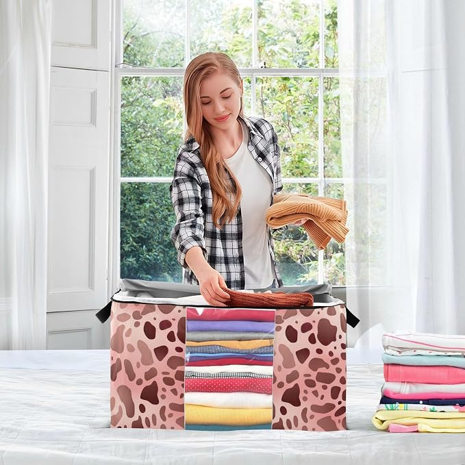 Generic Pink Black Cow Print Clothes Storage Bag Bins 2 Pack Foldable Storage Containers Large Closet Organizer with Zipper Under Bed Storage for Comforters Clothing Pillows 95L