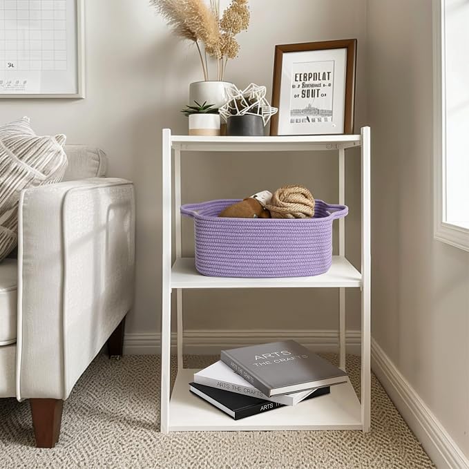 MEGASKET Purple Woven Basket, 13.5” x 10” x 6” Purple Empty Gift Basket to Fill, Decorative Cotton Rope Storage Bin for Organizing, Cute Baby Nursery Organizer, Rectangle Dog Toy Bin, Room Decor