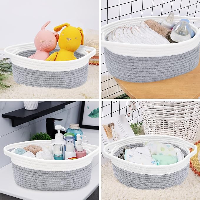 ABenkle Small Basket with Handles, Boho Decorative Rope Woven Dog Cat Toy Storage Bin Shelf Storage Organizer, Easter Christmas Gift Basket, 12"x8"x5", Grey
