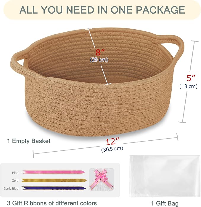 COMSE Empty Small Gift Basket with Bag & Ribbons, Camel | Cotton Rope, 12"x 8"x 5", Baby Toy Organizer, Stores Small Items for Bedrooms, Nurseries, Bathrooms, Living Rooms, Offices