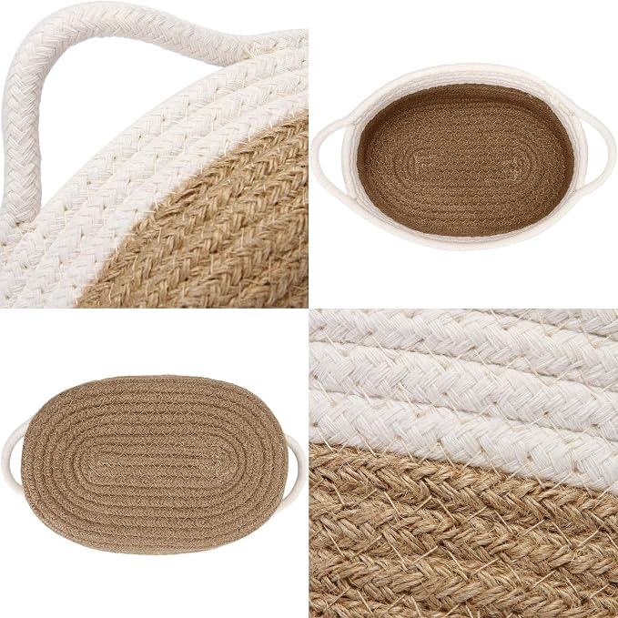 Sea Team 2-Pack Compact Woven Cotton Rope Storage Baskets, Flaxen | Knitted Decorative Organizer Bins with Handles, Portable Oval Containers for Small Items, Keys, Makeup, Jewelry, Trinkets