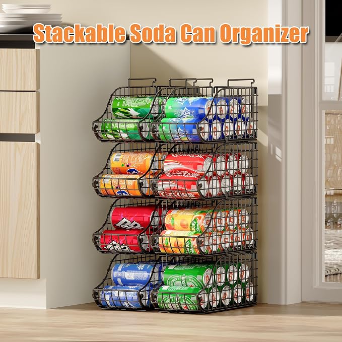 Sonyabecca 4-Pack Stackable Can Rack Organizer for Kitchen Pantry | Soda Can Organizer and Food Storage Dispenser for Pantry Cabinets. Foldable Wire Rack Keeps Canned Food Organized