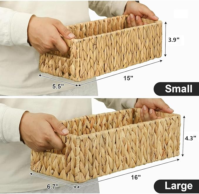 Woven Water Hyacinth Storage Baskets, 2-Pack, Natural | Built-in Handles, Nesting Design, Metal Frame Support, Small & Large Sizes, Bathroom Organizer