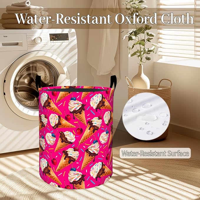 Ice Cream Laundry Basket, Colorful Dessert Foldable Oxford Cloth, Waterproof Dirty Clothes Hamper with Handles, Clothing Storage Bin Toy Organizer for Bedroom Dorm Bathroom, 19.7"x15.7"