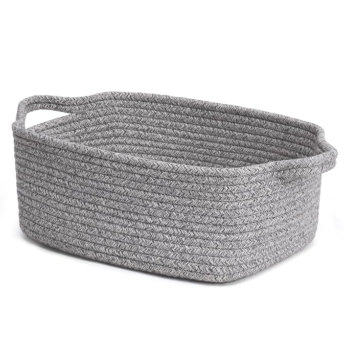 CHICVITA Small Woven Rope Gift Basket, Decorative Boo Basket, Grey | 13" x 10" x 5" Storage Baskets for Baby Shower & Nursery Essentials, Fits Shelf & Closet Organization, Built-In Handles