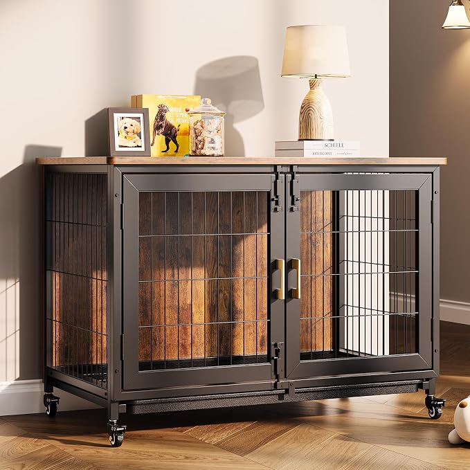 GarveeLife 37.5 in Dog Kennel Furniture, Heavy Duty Dog Crate Furniture with Wheels, Grid Base, Removable Tray, Latches, Indoor Farmhouse Dog Cage for Medium and Small Dogs, Brown