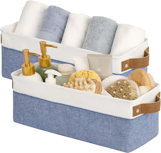StorageWorks Narrow Storage Bins, Small Basket, Blue and White, 2-Pack | With Metal Frame, Reinforced Handles, Sturdy Structure, For Bathroom, Closet, Shelf, Storage Makeup, Socks, Underwear