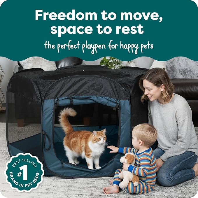 FurHaven Soft-Sided Dog & Cat Playpen, Portable Foldable Indoor & Outdoor Pet Playpen with Mesh Windows & Zippered Door, Sailor Blue, Large