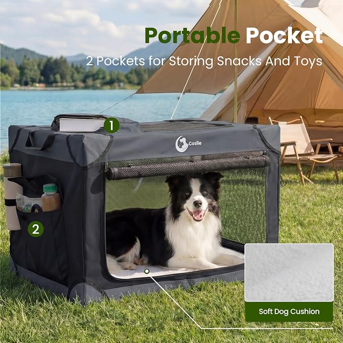 Portable Collapsible Soft Dog Crate for Medium Dogs, 30in Black | Oxford Cloth Travel Camping dog kennel with 4 Mesh Windows & 2 Storage Pockets,for Indoor & Outdoor Use