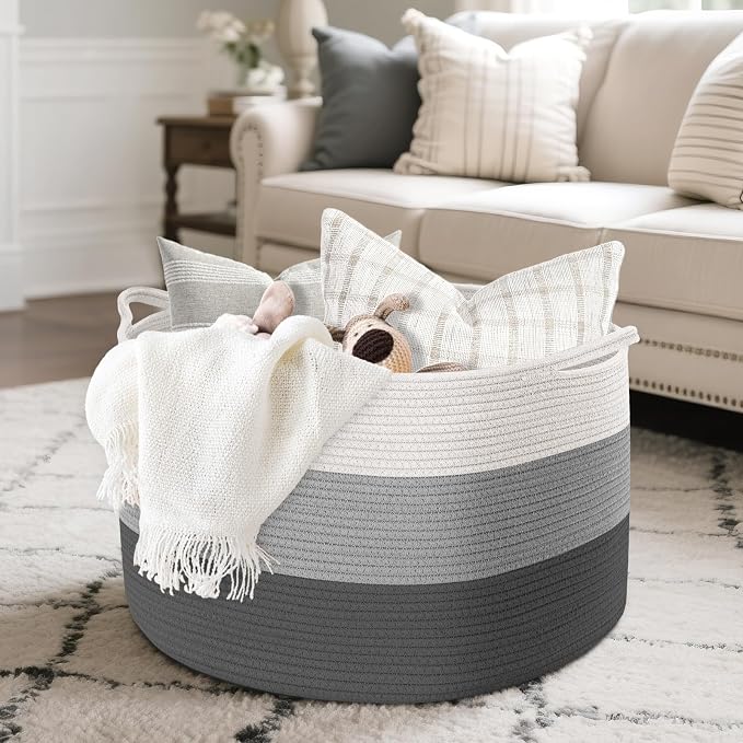 Maliton Woven Rope Blanket Basket Living Room, Storage Basket for Toy, 90L | 22x22x14 cotton rope basket. Holds blankets, toys & towels & laundry. For bedroom, nursery, bath & playroom. Soft & durable.