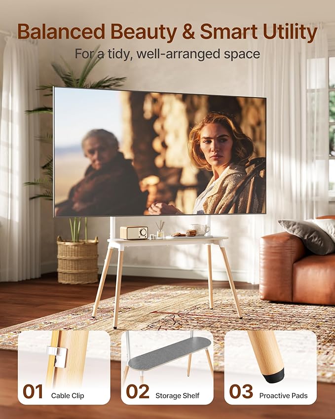 4-Leg Easel TV Stand for 49-86" TVs, 110 lbs, White | Height-adjustable floor TV stand, storage shelf, cable management and protective pads for living room, office or school