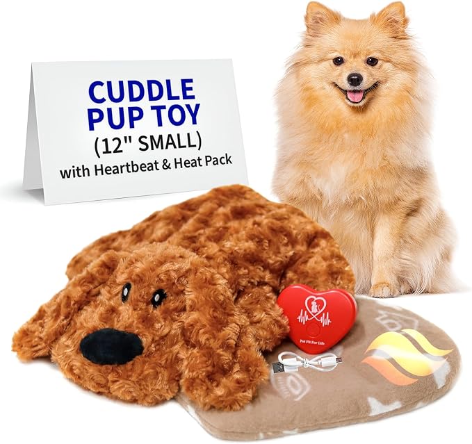 Pet Fit For Life Cuddle Pup Toy with Heartbeat & Heat Pack - 12" Long Small | Heartbeat & Heat Pack with USB Rechargeable Design. Huggable Teddy Bear Texture for Crate Training and Cozy Comfort.