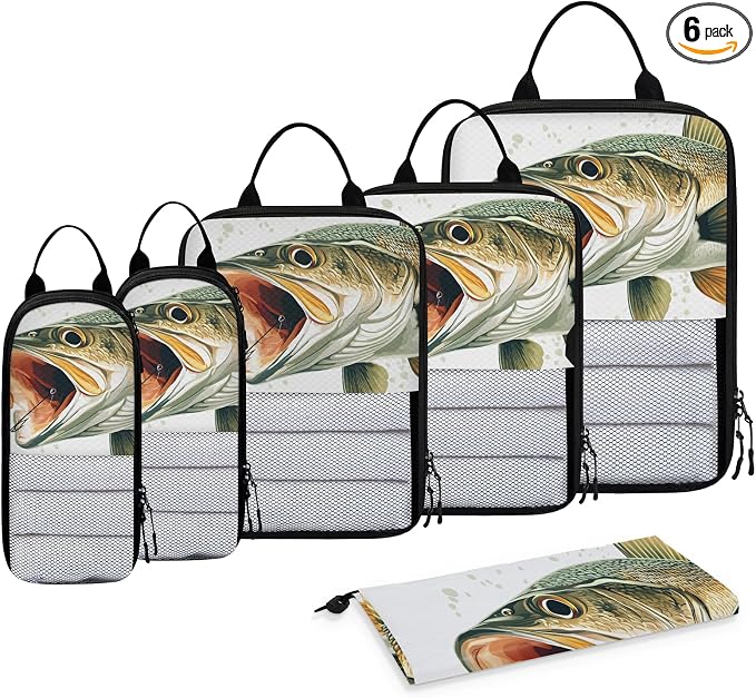 Fish 6 Set Compression Packing Cubes Funny Fishes Expandable Packing Organizer for Travel Accessories Luggage Suitcase Bag