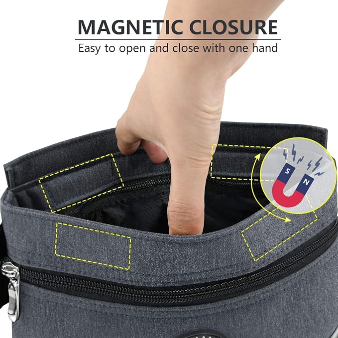 Viklluyr Dog Treat Pouch with Magnetic Closure, 2 Zip Pockets, Removable Inner Pocket, Padded Shoulder Strap, Perfect Food Bag for Agility Training - Including Carabiner