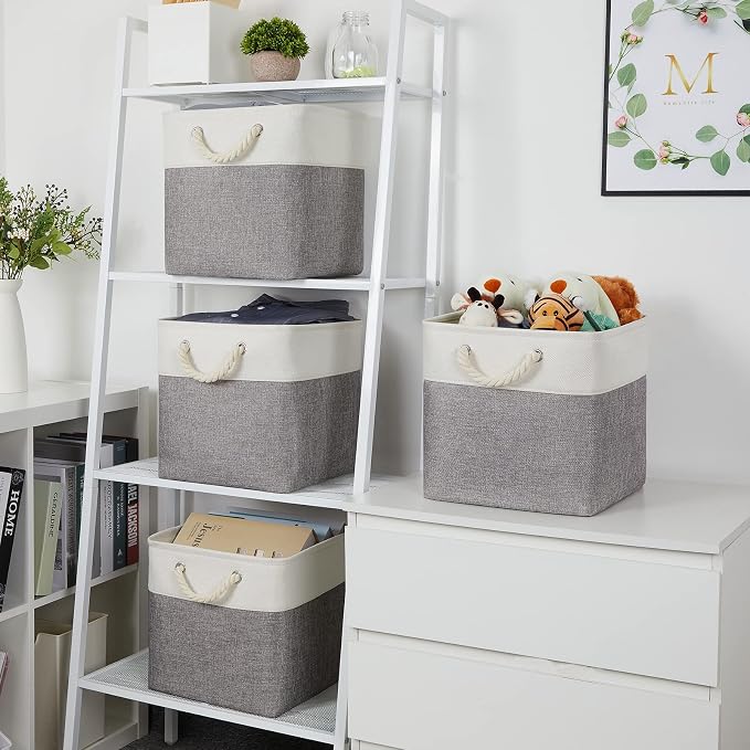 Temary Fabric Baskets 12 Inch Storage Cubes Basket with Handle, Clothes Baskets for Gift, Large Bins for Organizing Books, Blankets (White&Gray)