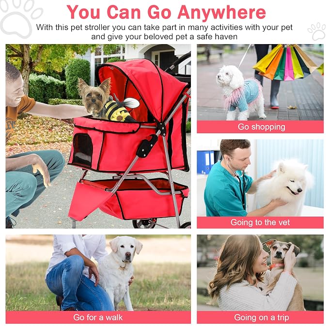 BLKMTY Folding Dog Stroller, 3 Wheels Pet Stroller, Foldable Cat Strollers Waterproof Travel Carrier Strolling Cart for Puppy Jogger with Cup Holder & Storage Basket, Red