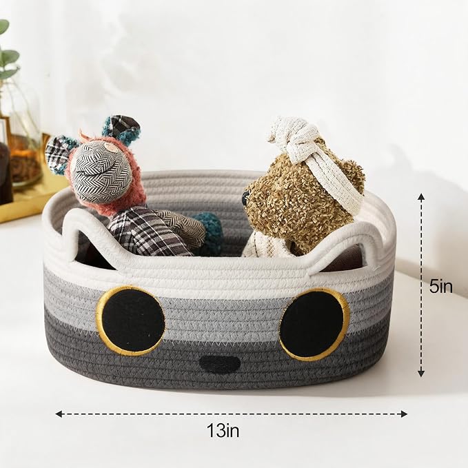 Cat Toy Basket, Small Woven Cat Toy Storage Box with Cute Ear Handle Indoor, Cotton Rope Storage Bin with Embroidered Face for Home Decor, Pet Bed, Nursery Kids Room Organization, 3-tone Gray