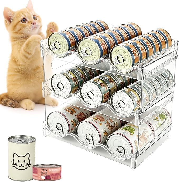 RETON Acrylic Cat Food Can Organizer for Pantry, 3 Tier Clear Pet Can Storage Rack, Canned Cat Food Dispenser Container Holds 54 (3.5oz) Cans for Kitchen Countertop Cabinet