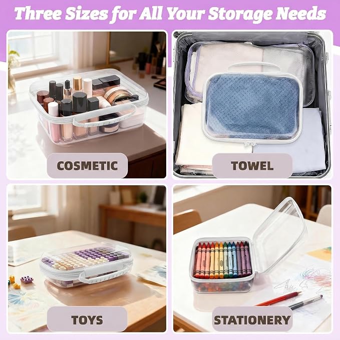3 Pack Deep Clear Hard Shell Zipper Cases with Handle (White) | Travel Toiletry Bag, Waterproof 1.2mm PET Hard Plastic Pouches, Organizer Box for Makeup, Toy, Snack, Stationery, Diaper