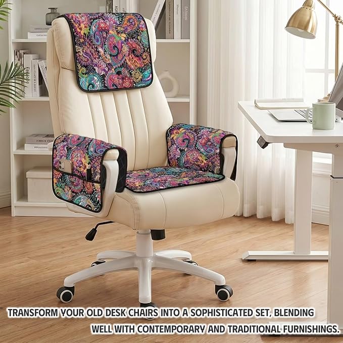 Paisley Floral Lazy Boy Recliner Chair Covers Cat Proof 4-Piece | Quilted Recliner Protectors with Pockets Non Slip Washable Elegant Chair Cover for Pet Kids Living Room Office