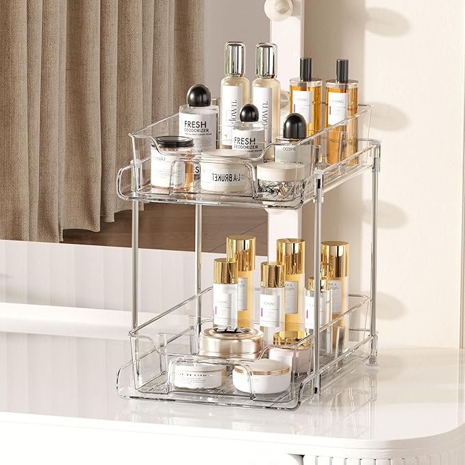Vtopmart 8 Pack 2 Tier Bathroom Under Sink Organizers and Storage, Clear Kitchen Pantry Organization, Pull Out Medicine Cabinet Organizer with Movable Dividers