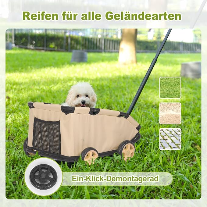 Mini Dog Strollers for Mini Pets, Foldable Multifunctional Shopping Carts with Extendable Pull Handle, Doggie Wagon Built-in Cushion and Safety Rope with Storage Bag (Khaki)