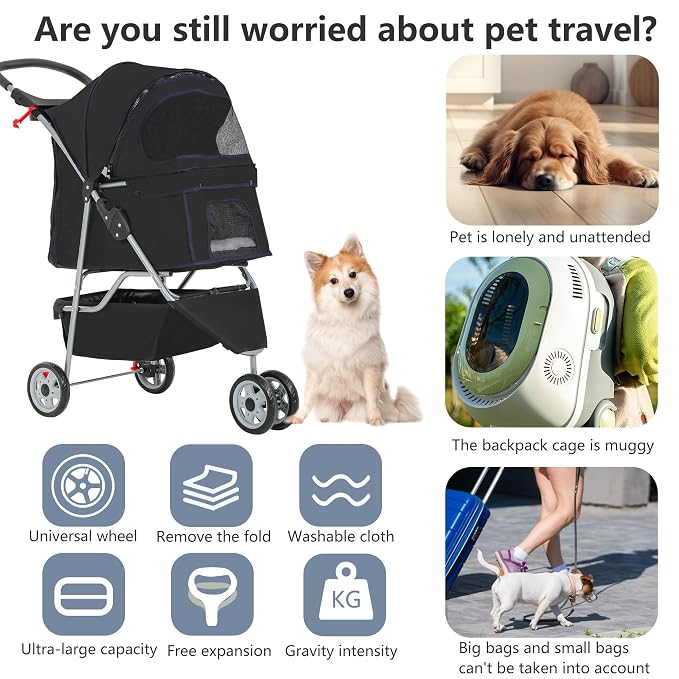 FDW | 3-Wheel Foldable Pet Stroller | Black | Lightweight & Portable | Travel Carrier with Mesh Windows, Storage Basket, Safety Brakes, Washable Liner and Waterproof Fabric | For Small Dogs & Cats