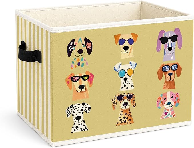 Dog Storage Bin, Puppy Sunglasses Yellow Green Stripe Fabric Basket | Foldable collapsible fabric organizer for nursery, playroom, toys, books, clothes