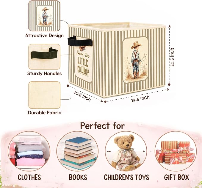 Little Cowboy Storage Bin, Foldable Fabric Basket for Kids Room | Foldable fabric storage bin with western cowboy design for toys, books, clothes, nursery, bedroom, and playroom use.