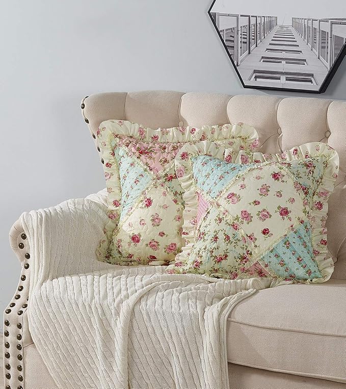 Brilliant Sunshine Pink & Green Roses Ruffle Pillowshams Set, 18"x18" | Patchwork Design with Ruffles, Quilted Pillow Covers, Washable Throw Cushion Cases for Couchs and Beds, Pack of 2