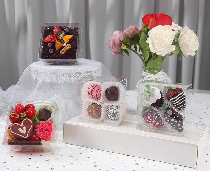 RomanticBaking 15PCS 5x5x2 Inches Full Clear Gift Boxes Party Wedding Favor | Clear Treat Boxes for Cookies,Mini Bundt, Cake,Pie ,Cinnamon Roll, Chocolate Truffle,Chocolate Covered Strawberries