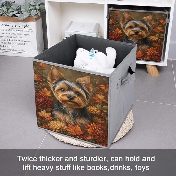 Yorkie Dog Autumn Flowers Storage Bin with Handles, Oxford Fabric Foldable Storage Cube Organizer for Clothes, Towels, Bedroom, Living Room, Home Organization
