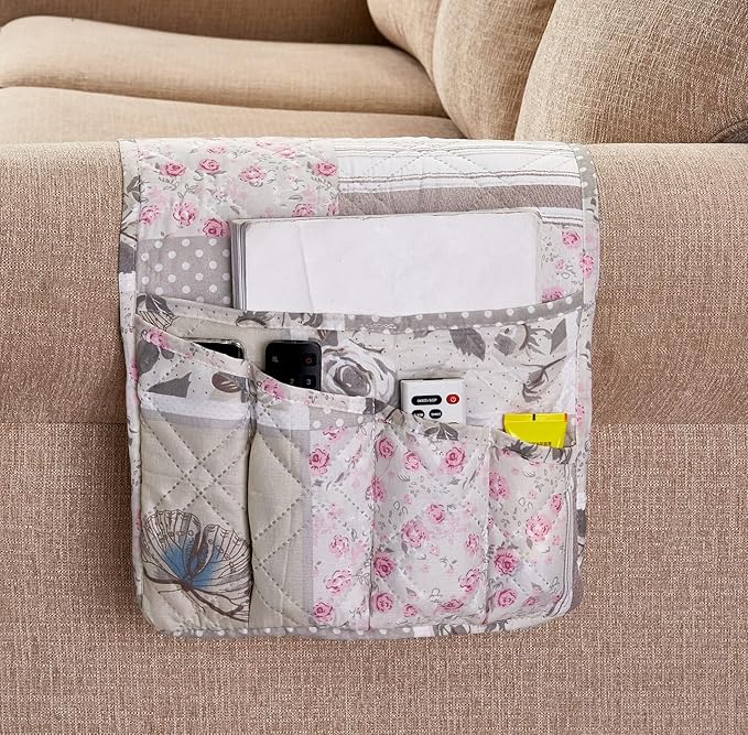 Brilliant Sunshine Grey Cupid & Pink Rose Couch Armrest Cover, 35"×13" | Washable Magazine Holder, Armrest Organizer & Caddy on Sofa, Recliner, Armchair, Storage for Remote Controls, Phone, iPad