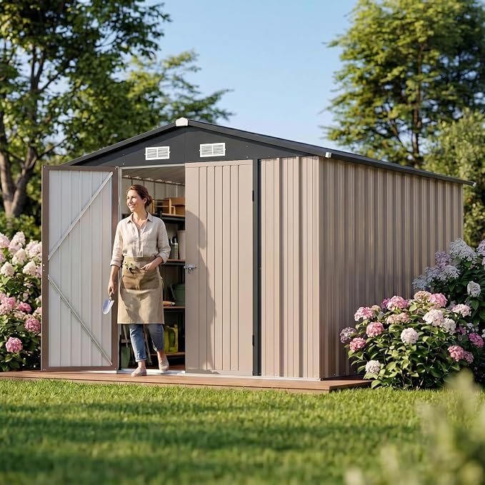 Devoko 8x12 FT Outdoor Storage Shed, Metal Tool Shed with Lockable Door&Slooping Roof, Outside Large Utility Storage for Garden Backyard Patio(Brown)