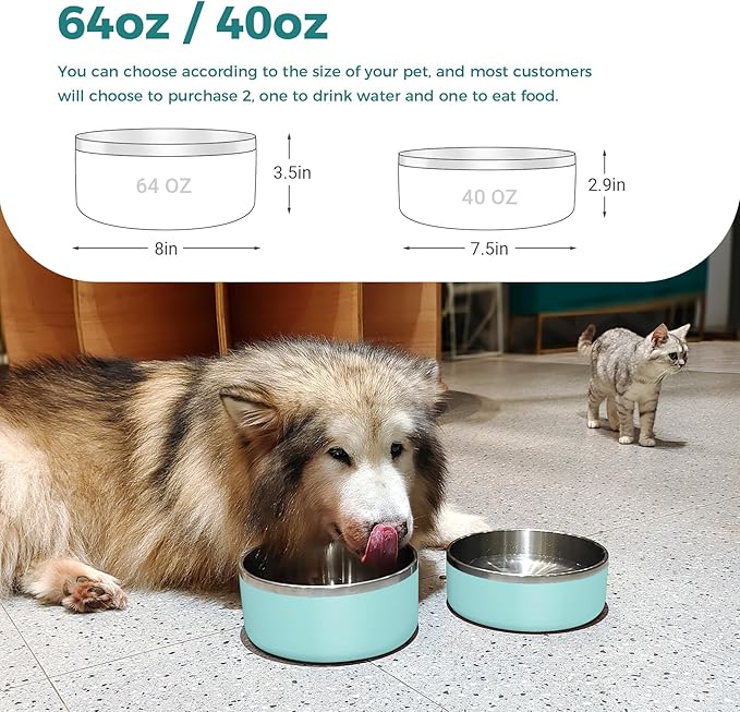 WENBOKMIN Dog Bowl, Stainless Steel Dog Food and Water Bowl with Non Slip Quiet Bottom, Easy to Clean, Dishwasher Safe, 40oz, Mint Green