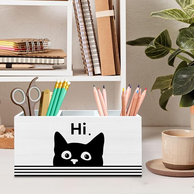 DILSJ Funny Black Cat Pen Pencil Holder Organizer for Desk, Black Cat Lovers Gifts for Women Men, Gifts for Pet Lovers, Hi Funny Kitten Wooden Box Signs for Home Office Desk Tabletop Decoration