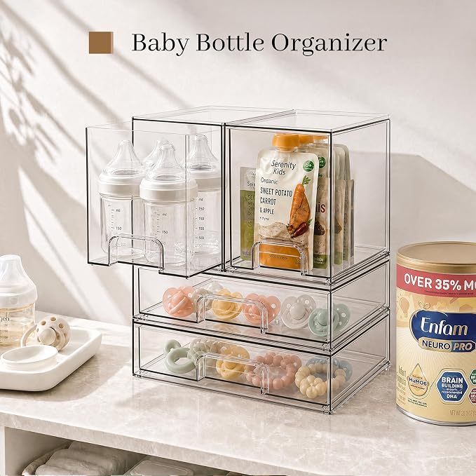 Clear Stackable Storage Drawers, Baby Bottle Organizer, Easily-Access Makeup Organizer, Durable Containers for Bathroom Countertop, Cabinet, Pantry and Medicine Organization