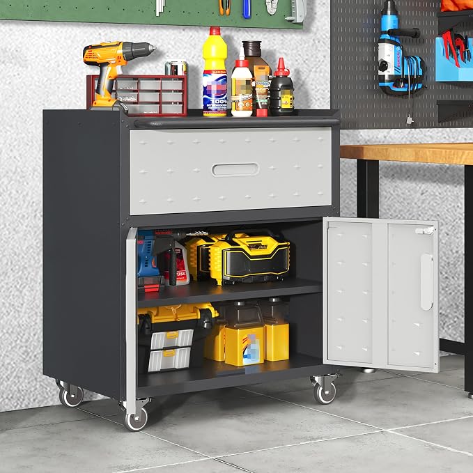 Garage Cabinets,Metal Garage Storage Cabinet with Wheels,Lockable Rolling Tool Cabinet with Drawer and Adjustable Shelves,Heavy Duty Tools Cabinet for Home Office Utility Room,Black/Grey