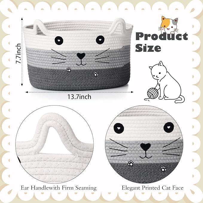 Zopeal Cat Woven Gift Basket Storage,13.7 x 7.8 Inch,Dark Gradient | Cute Cotton Rope Organizer with Handles for Toy Box, Nursery Decor, Decorative Bin, Pet Supplies Holder, Desk Storage