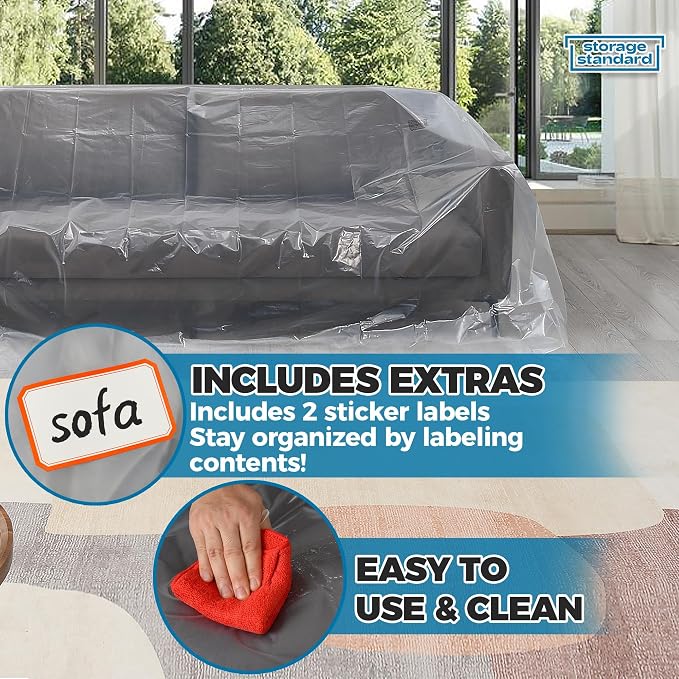 Plastic Furniture Covers for Moving - Heavy-Duty Couch Cover for Sofa, Waterproof & Dustproof Clear Moving Bags for Renovation, Wrap or Storage - Extra Large Bag Open Size 96 x 42 x 62 Inch