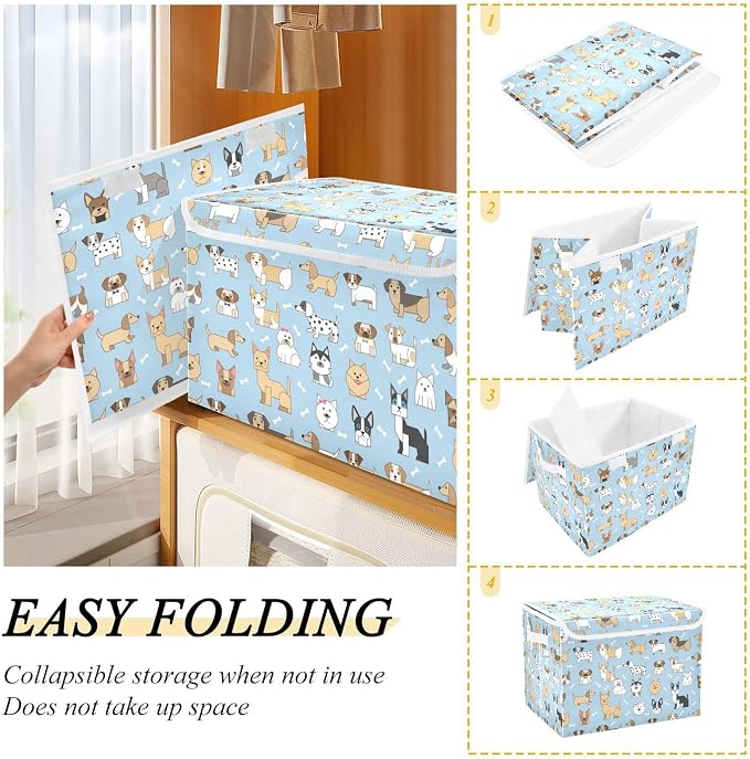Storage Bins with Lid Dog Bone Foldable Storage Boxes 40L Baskets | Decorative Storage Boxes, Dust-Proof Flip Top, Reinforced Handles, For Home & Bedroom, Clothes & Toy Box, Oxford Fabric Print