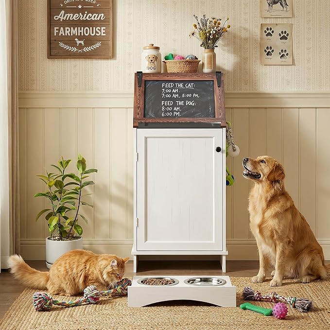 Dog Food Feeding Station Storage with Bowls, Pet Food Storage Cabinet with Flip-Top Blackboard, Hidden Trash Can, Pet Organizer Cabinet for Dog and Cat