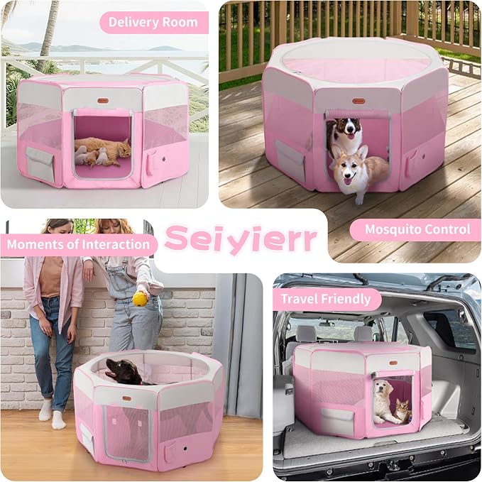 Seiyierr Dog Playpen, Portable Pet Play Pen Foldable Carrying Case, Puppy Pens Outsid for Small Cat Indoor/Outdoor, Removable Mesh Shade Cover
