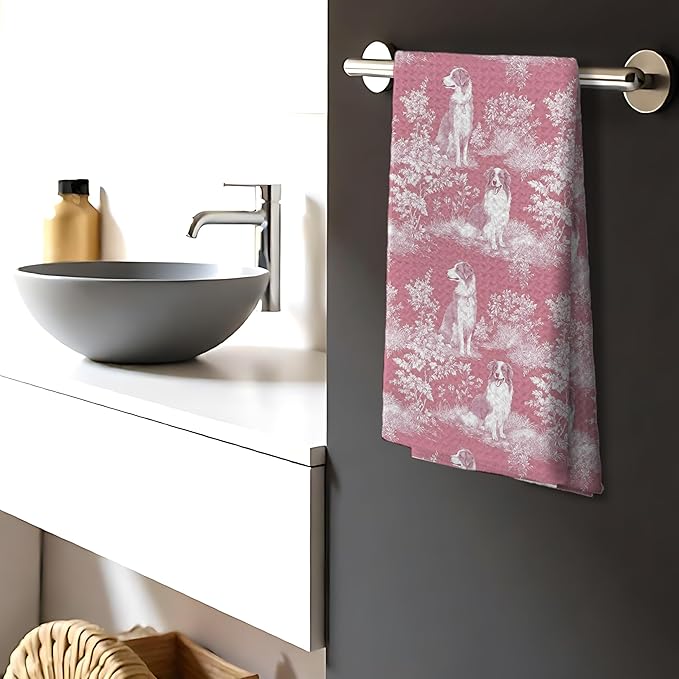 Border Collie Dog Gifts for Pink Chinoiserie Floral Decor Kitchen Towels，Pink Border Collie Dog Print Grandmillennial Decorative Dish Tea Towels for Kitchen Bathroom,16x24 Inch