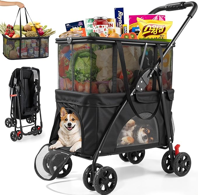 Folding Shopping Cart & Pet Stroller 99 LB, 130L Large Grocery Cart | 2-in-1 Collapsible Utility Cart Shopping Cart with Removable Basket for Laundry, Camping, Small Medium Dogs, Seniors
