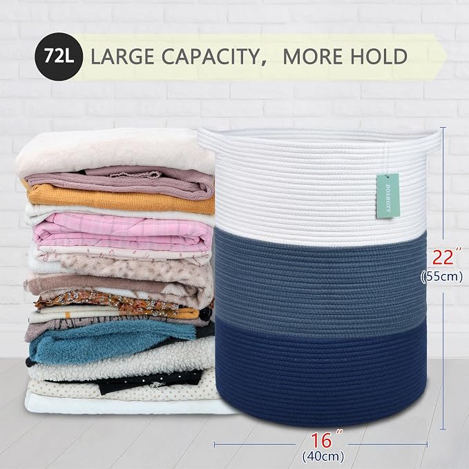 Cotton Rope Blanket Basket, 72L Tall Laundry Hamper, White & Blue