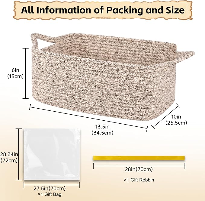 OIAHOMY Woven Basket, Gift Basket Empty with Gift Bags and Ribbons, Rope Baskets for Baby Showers, Storage Baskets with Handles for Nursery, Pet Toy Organizer - Brown