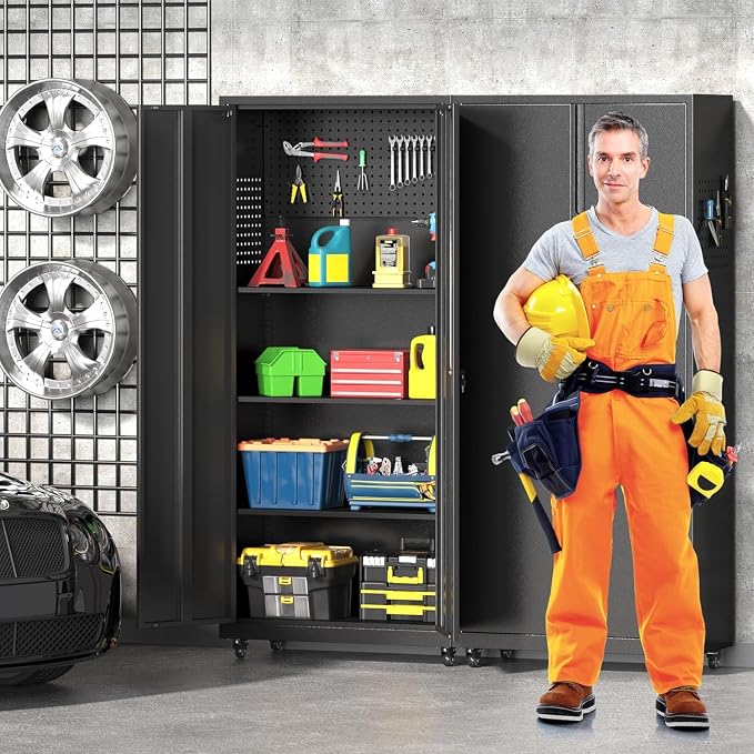 71''H Garage Storage Cabinet, Meatl Storage Cabinet with Lock | Tool Storage Cabinet, Steel Tool Cabinet with 2 Doors and Shelves for Garage, Warehouse, Assembly Required, Black